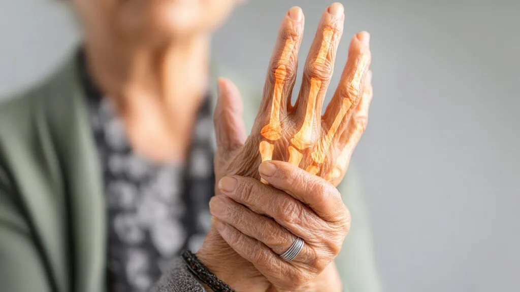 Ältere Frau zeigt arthritische Hand – Gelenkschmerzen